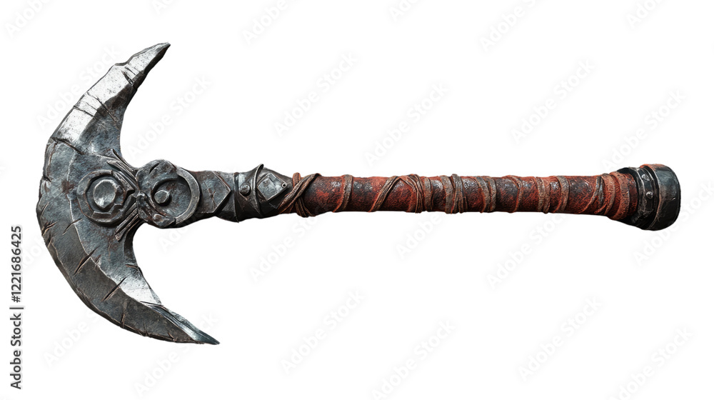 Ancient Crescent Axe: A meticulously crafted 3D render of an ancient crescent axe, showcasing intricate details in the metal head and the weathered leather-wrapped handle. Ancient Crescent Axe: A meticulously crafted 3D render of an ancient crescent axe, showcasing intricate details in the metal head and the weathered leather-wrapped handle.