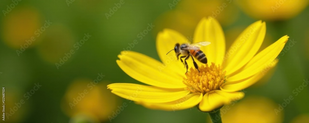 A single white bee hovering above a bright yellow flower , insects, yellow flowers A single white bee hovering above a bright yellow flower , insects, yellow flowers