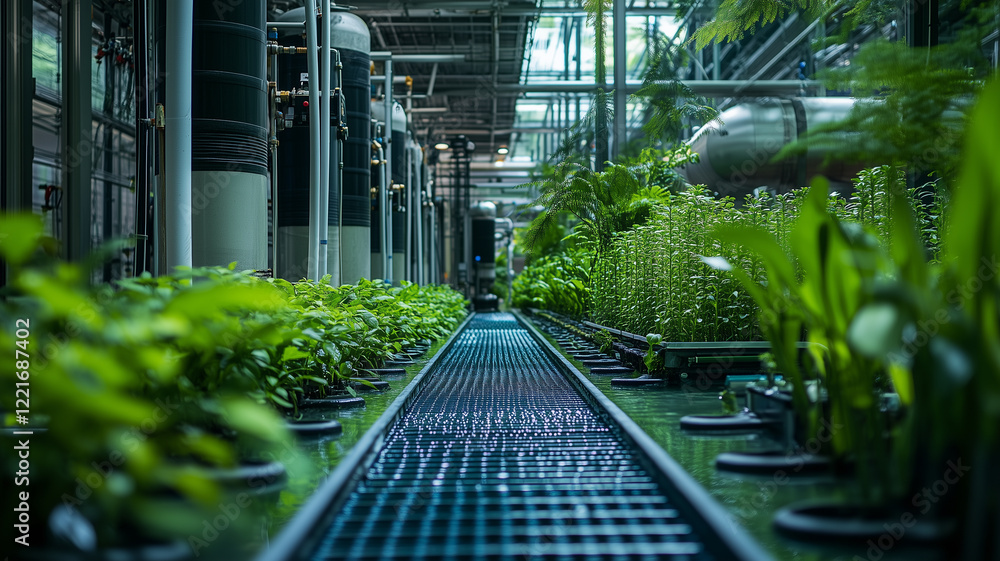 Modern Indoor Hydroponic Farm with Lush Green Plants Modern Indoor Hydroponic Farm with Lush Green Plants