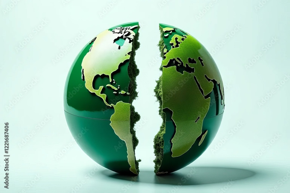 A green globe split in half, symbolizing division and environmental themes, with a focus on Earth and its continents. A green globe split in half, symbolizing division and environmental themes, with a focus on Earth and its continents.