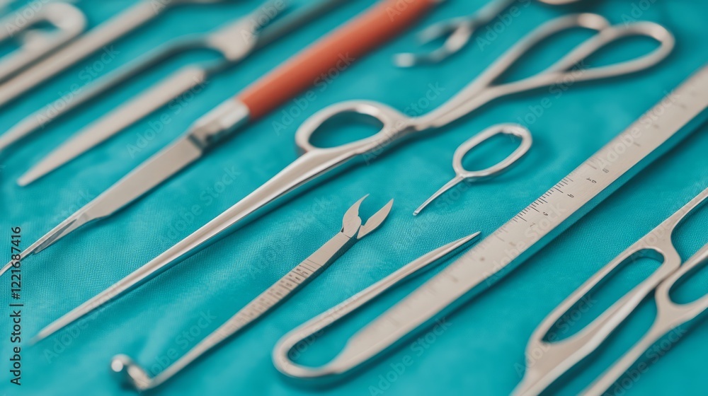 A Close-Up View of an Array of Surgical Instruments Arranged Neatly on a Teal Surgical Cloth, Highlighting Precision and Detail in Medical Tools for Professional Use A Close-Up View of an Array of Surgical Instruments Arranged Neatly on a Teal Surgical Cloth, Highlighting Precision and Detail in Medical Tools for Professional Use