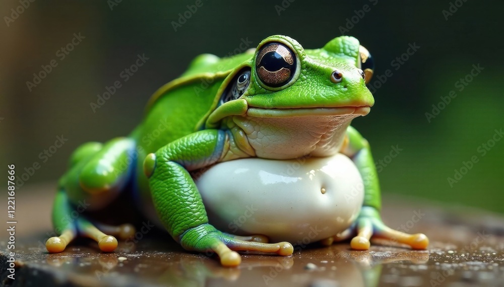 Naklejka premium Grenouille grande avec un panneau blanc sous son corps, large frog, wildlife, white panel