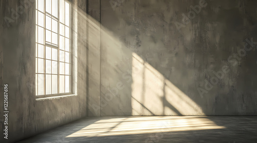 An empty room featuring a concrete wall and a substantial window illuminated by a radiant ray of light streaming through the window. Radiant Falls. Illustration photo