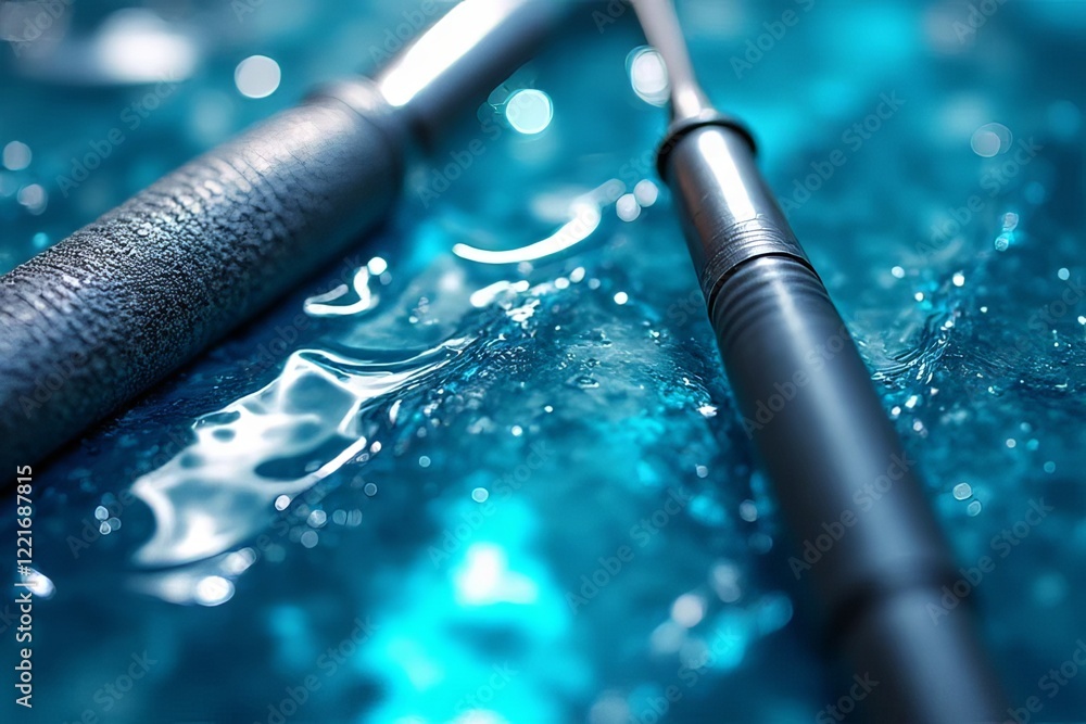Naklejka premium The image features close-up shots of sleek, metallic tools partially submerged in shimmering blue water, creating a striking contrast and a serene ambiance.