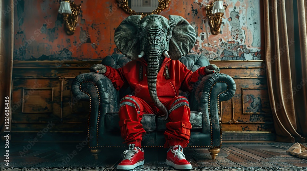 Fototapeta premium Fashion Shot of a Stylish Elephant Wearing Designer Urbanwear and Trendy Sneakers