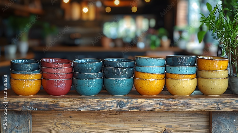 Fototapeta premium Colorful ceramic bowls cafe counter, rustic background, food service