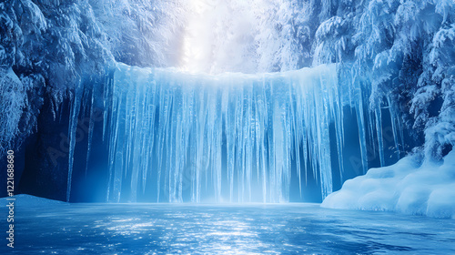 Frozen ice formations reflecting radiant blue and white light. generative ai. Radiant Falls. Illustration