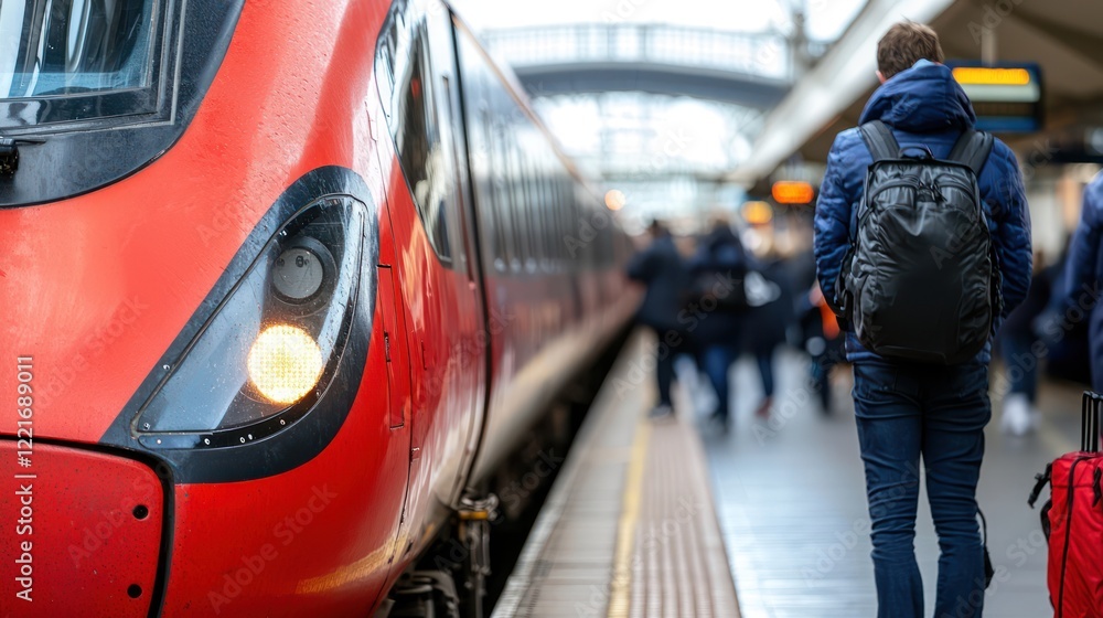 custom made wallpaper toronto digitalA traveler waits at a train station beside a red train, ready for departure.