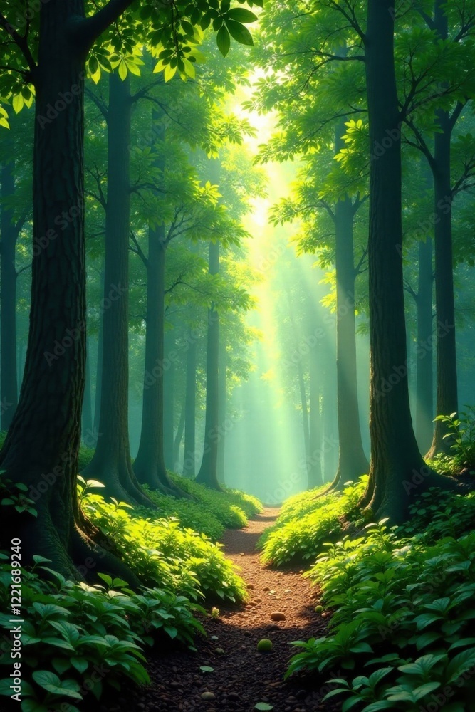 Obraz premium Lush forest with towering trees and sunlight filtering through leaves , forests, sunlight, nature