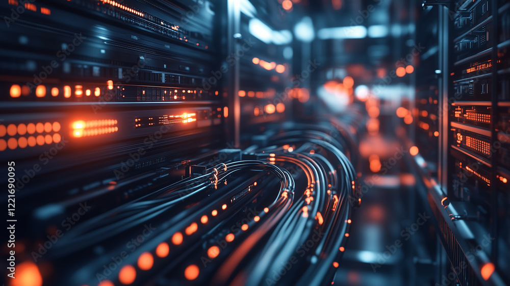 Modern Data Center Network Infrastructure with Glowing Cables Modern Data Center Network Infrastructure with Glowing Cables