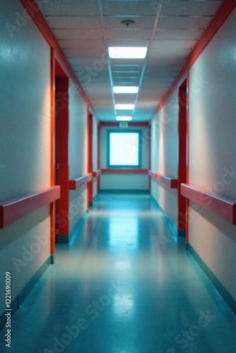 Corridor in a hospital wing with blurred walls and windows, medical, corridor