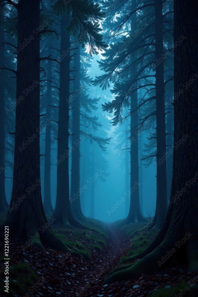 Fototapeta premium Mystical forest with eerie trees, dark green foliage, foggy, eerie