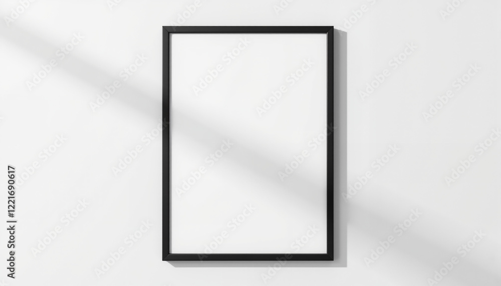 Empty black picture frame against white wall Empty black picture frame against white wall
