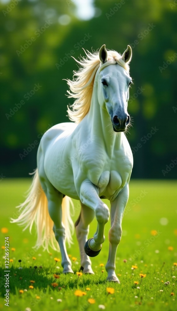 Naklejka premium Regal white stallion prancing in a green meadow , freedom, horses, grass