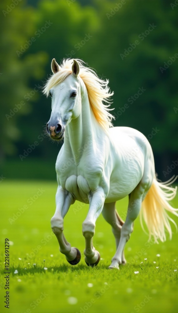 Regal white stallion prancing in a green meadow , white horse, wildflowers Regal white stallion prancing in a green meadow , white horse, wildflowers