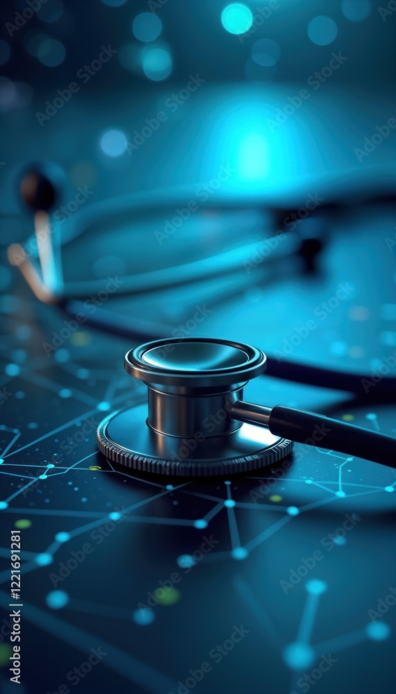 Digital stethoscope rests on tech grid background suggesting virtual healthcare. Modern medical tech concept for telemedicine. Virtual hospital, smart health represented. Abstract design with Digital stethoscope rests on tech grid background suggesting virtual healthcare. Modern medical tech concept for telemedicine. Virtual hospital, smart health represented. Abstract design with