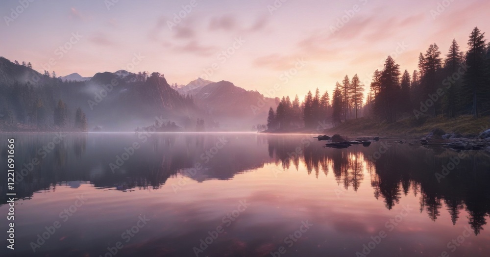Fototapeta premium Dreamy hues of light reflected in a calm lake at dawn, reflection, serenity, soft focus