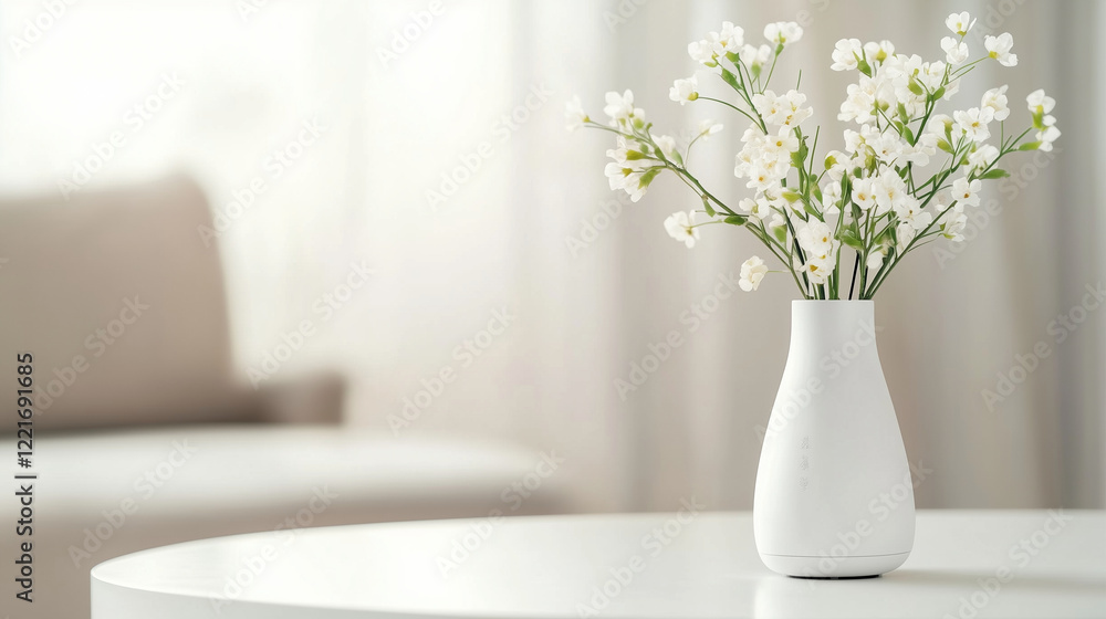 Fototapeta premium White flowers in a white vase on a white table