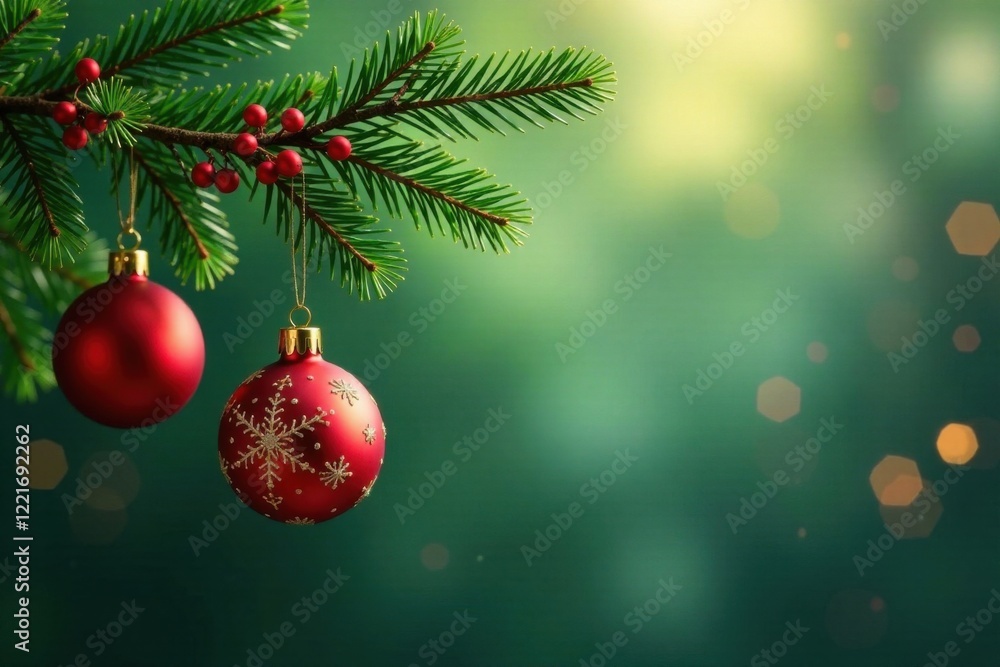 Fototapeta premium Evergreen branch with gold ornaments hanging, festive decoration, isolated background, christmas elements