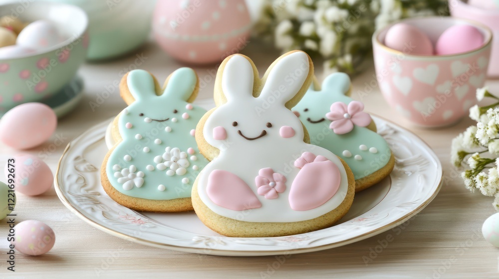 Bunny-shaped cookies decorated with pastel icing on a festive Easter table Bunny-shaped cookies decorated with pastel icing on a festive Easter table