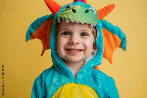 Dragon Costume for Boy Enjoying Carnival and Birthday Parties with Fun Vibrant Background and Joyful Smile photo