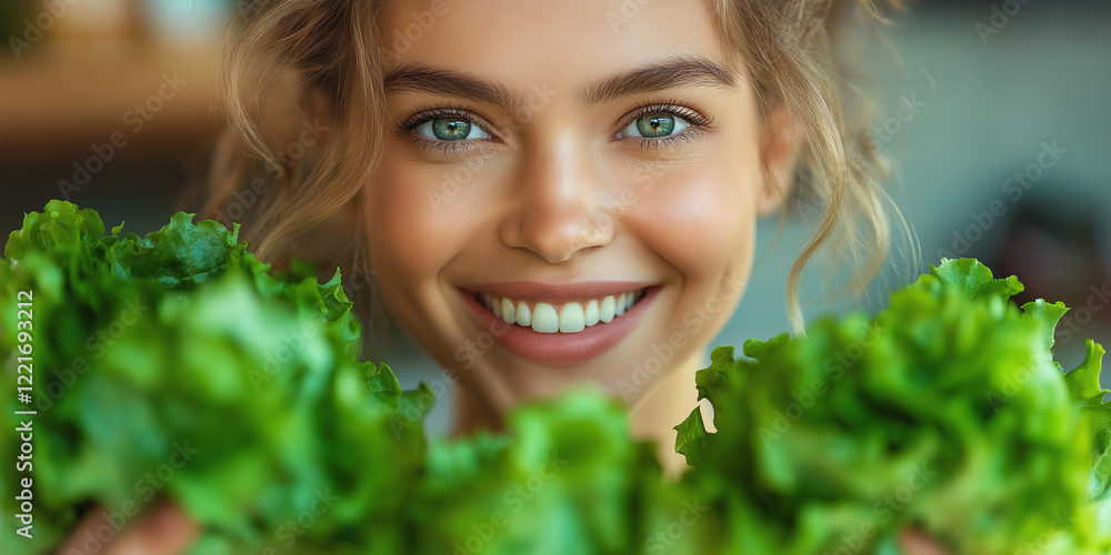 Healthy lifestyle choices young woman smiling with fresh lettuce kitchen setting food photography homemade meals inspirational perspective Healthy lifestyle choices young woman smiling with fresh lettuce kitchen setting food photography homemade meals inspirational perspective