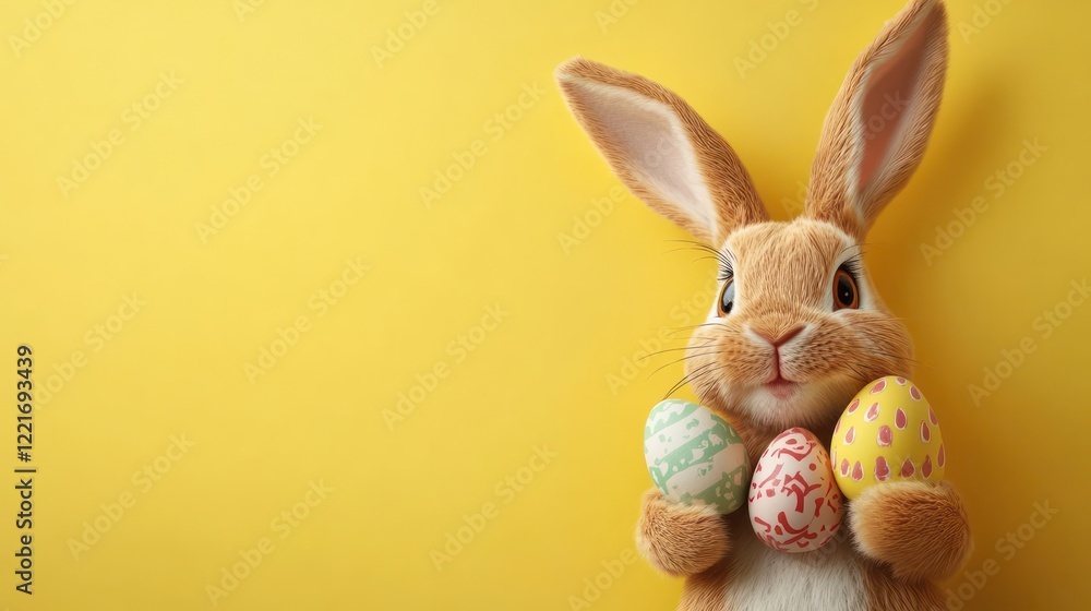Obraz premium Cartoon bunny holding Easter eggs on a cheerful yellow background, space for Easter text