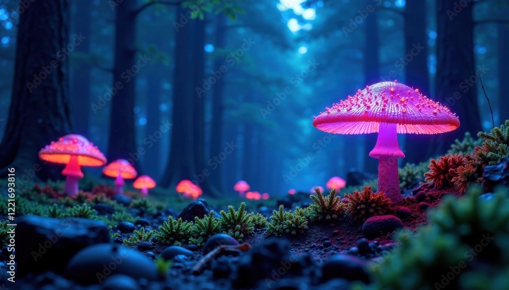 Fototapeta premium Glowing blue forest with luminescent fungi, glowing, fungi, bioluminescent