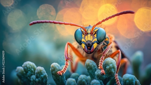 Vibrant and captivating macro photograph showcasing the intricate details compound eyes and vibrant colors of a unique insect specimen photo