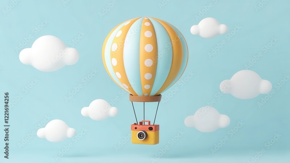 Obraz premium A whimsical hot air balloon with yellow stripes and polka dots floats among fluffy clouds against a light blue sky.