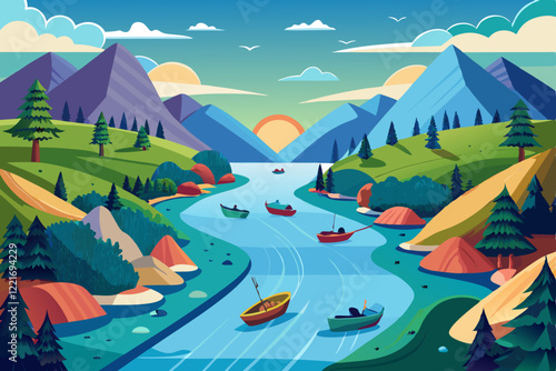 A big river small boat are catching fish vector art illustration