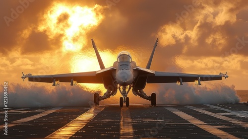 Supersonic Sunset: F/A-18 Super Hornet on Aircraft Carrier