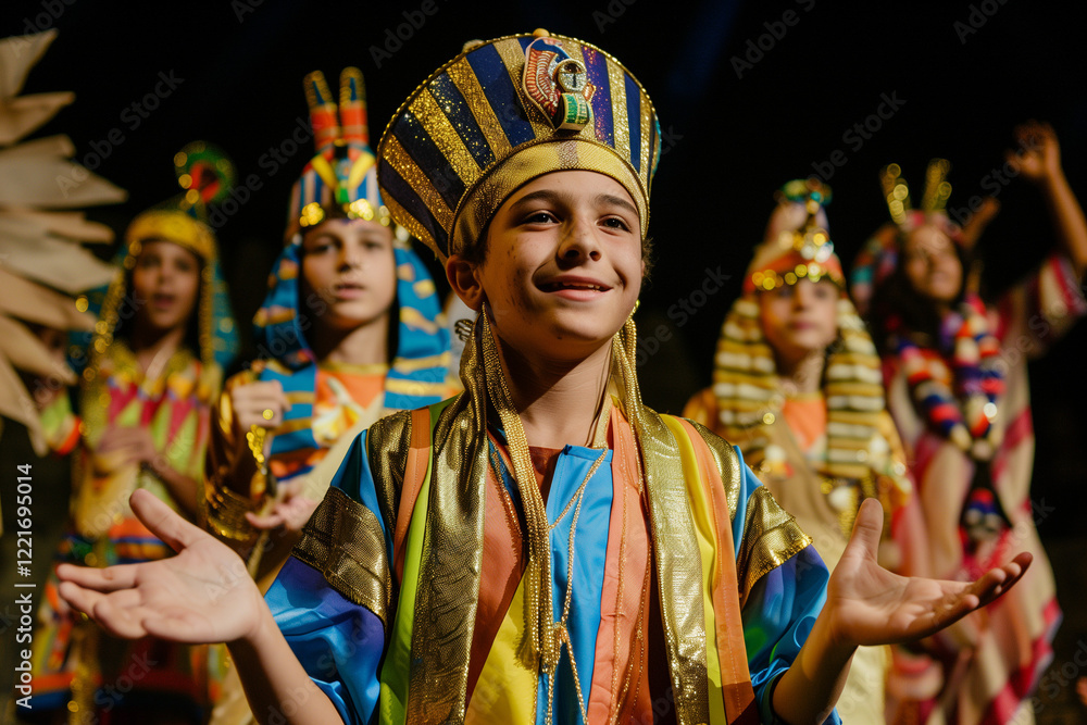 Fototapeta premium Egyptian Costume in a Theater Show Highlighting Cheerful Carnival Performance with Lively Atmosphere and Decorative Stage