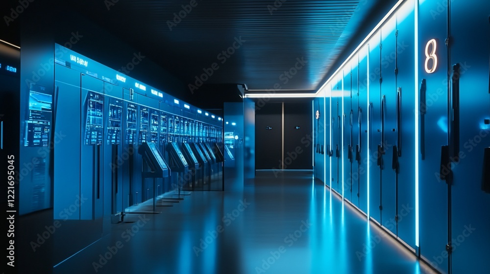 Fototapeta premium A futuristic blue hallway with digital screens and locker compartments illuminated by neon lights