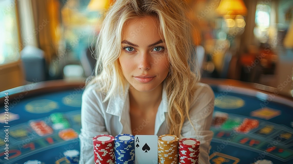Fototapeta premium Stunning Blonde Woman at Casino Table
