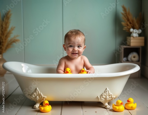 Adorable baby girl enjoys bath in vintage bathtub. Sits happily in tub with yellow rubber ducks. Cute baby girl splashing, playing joyfully. Warm, inviting bathroom setting. Photo captures sweet