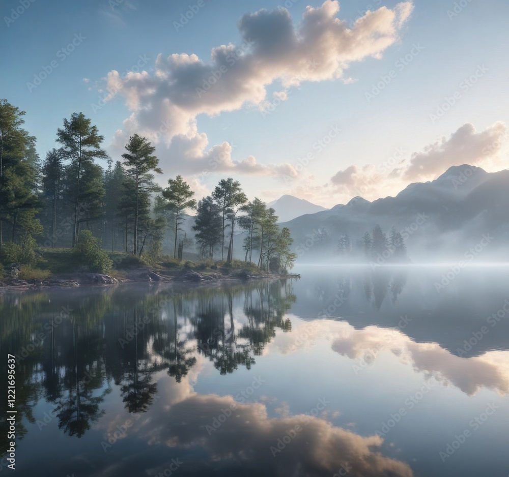 Fototapeta premium Misty morning sky with soft blue clouds and calm lake reflection, peaceful, water