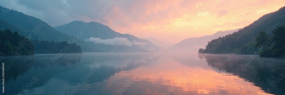 Fototapeta premium Misty morning over a peaceful bay, serene, bay