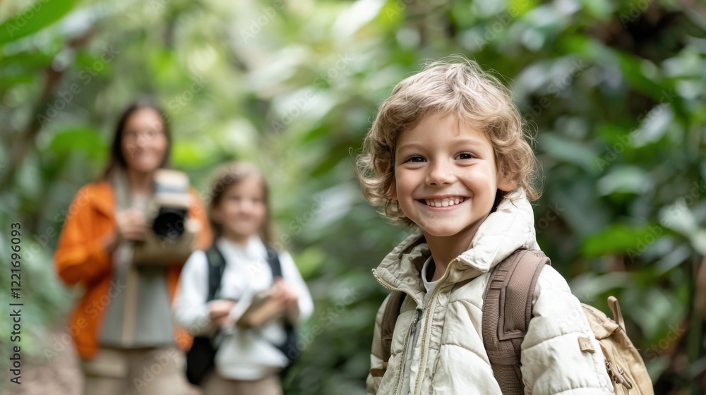 Eco Tourism concept Smiling child in a lush green forest Eco Tourism concept Smiling child in a lush green forest