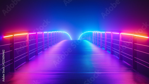 Futuristic Neon Bridge at Night, Glowing Purple and Blue Lights