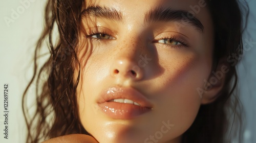 ethereal portrait of woman with luminous skin soft focus closeup pearllike glow minimal makeup natural beauty emphasis photo