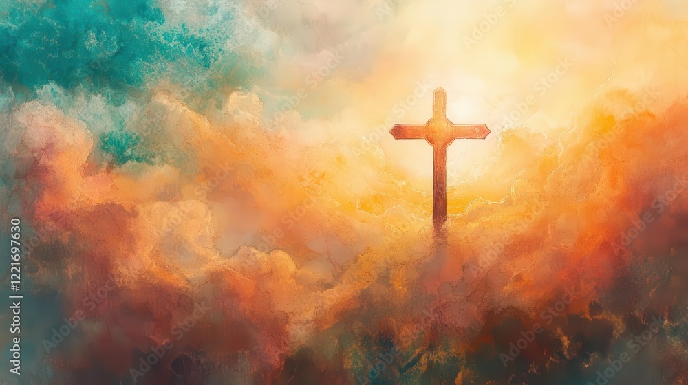 ethereal watercolor religious symbolism luminous cross emerging from sunset clouds spiritual atmospheric painting style ethereal watercolor religious symbolism luminous cross emerging from sunset clouds spiritual atmospheric painting style