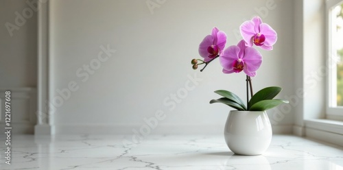 Single orchid in white vase on marble floor, elegant, flower
