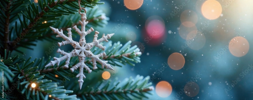 Snowflakes on Christmas tree branches, christmas tree, decoration, winter Snowflakes on Christmas tree branches, christmas tree, decoration, winter