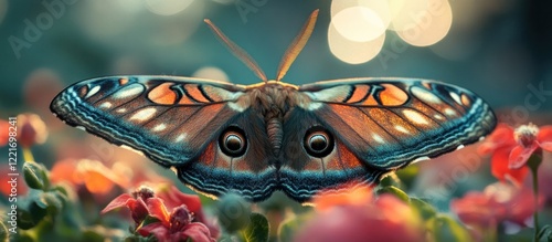 Closeup of a vibrant and colorful butterfly with an intricate symmetrical wing pattern resting on a bed of lush blooming flowers in a natural outdoor setting