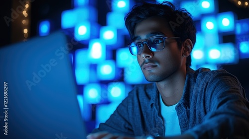 A young Indian man working on a laptop in front of a blue cubes background, a tech worker with glasses using a computer for online work or coding at a home office desk