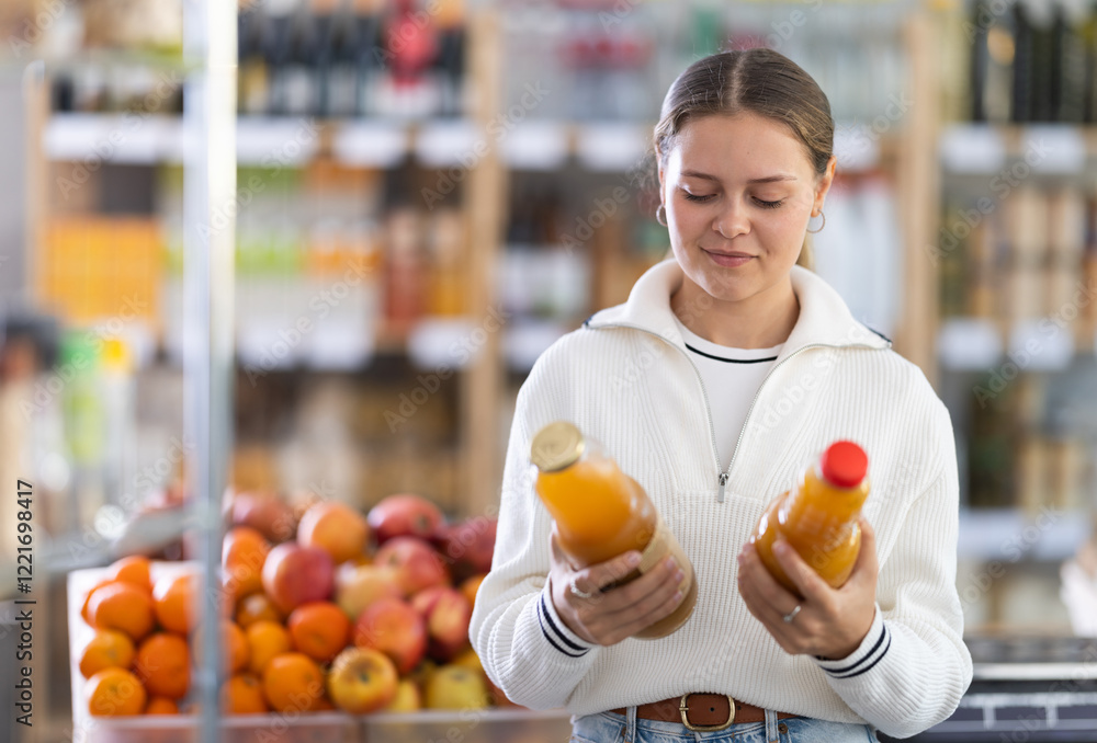 Female shopper chooses peach juice while shopping in a supermarket Female shopper chooses peach juice while shopping in a supermarket