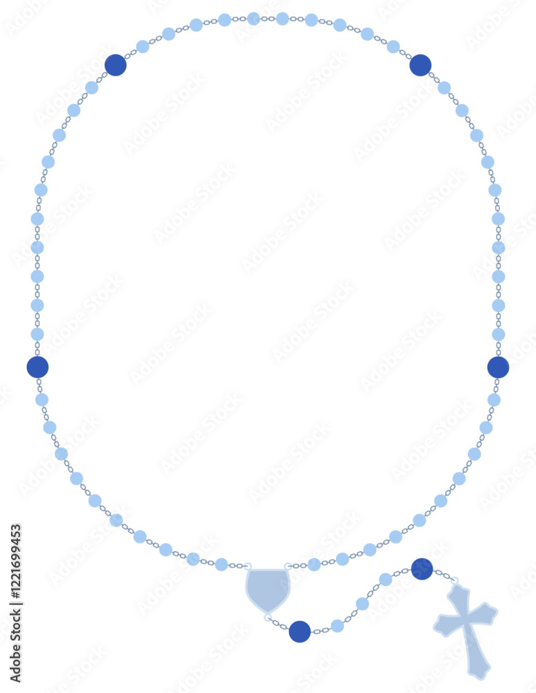 Rosary, Catholic Marian Devotion, realistic, all 50 beads, oval shape frame poster concept, blue flat vector illustration