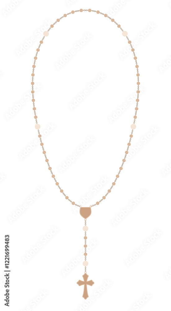 Rosary, Catholic Marian Devotion, realistic, all 50 beads, oval shape, poster concept, gold flat vector illustration Rosary, Catholic Marian Devotion, realistic, all 50 beads, oval shape, poster concept, gold flat vector illustration