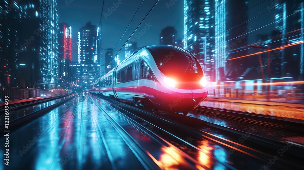 sleek electric train speeds through vibrant cityscape at night, its headlights illuminating wet tracks. dynamic motion and glowing city lights create futuristic atmosphere sleek electric train speeds through vibrant cityscape at night, its headlights illuminating wet tracks. dynamic motion and glowing city lights create futuristic atmosphere